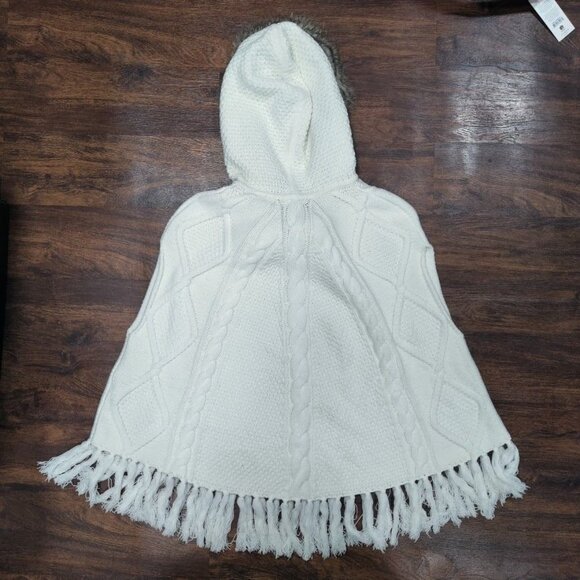 Tommy Hilfiger Cable Knit Poncho Sweater Faux Fur Trim Hooded Fringe Hem Onesize - Picture 3 of 16